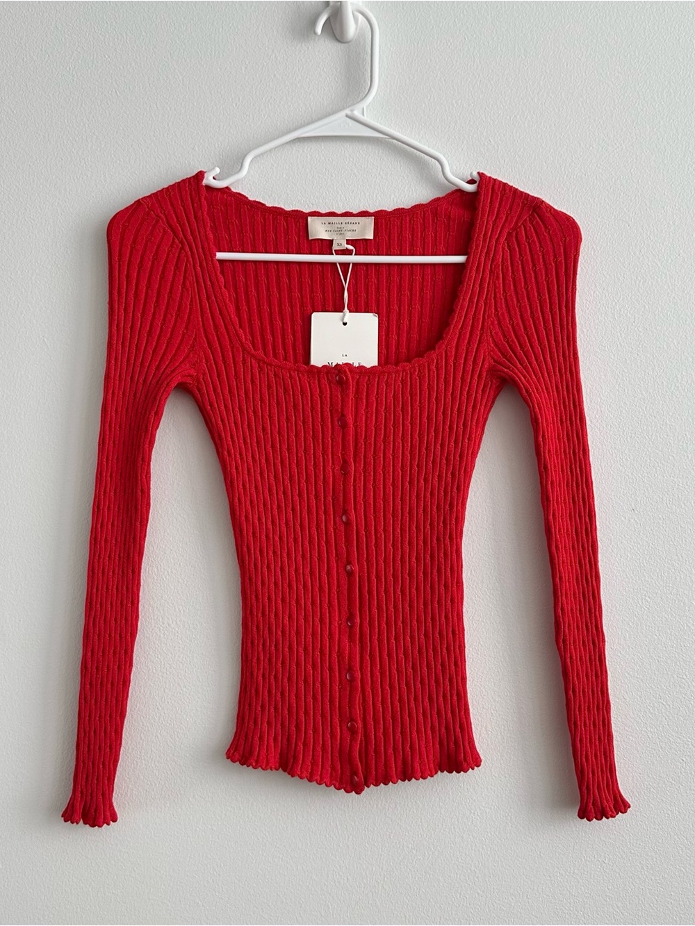 Sézane Ambroise Slim Fitting Red Square Neck Stretchy Cardigan Size XS NWT
